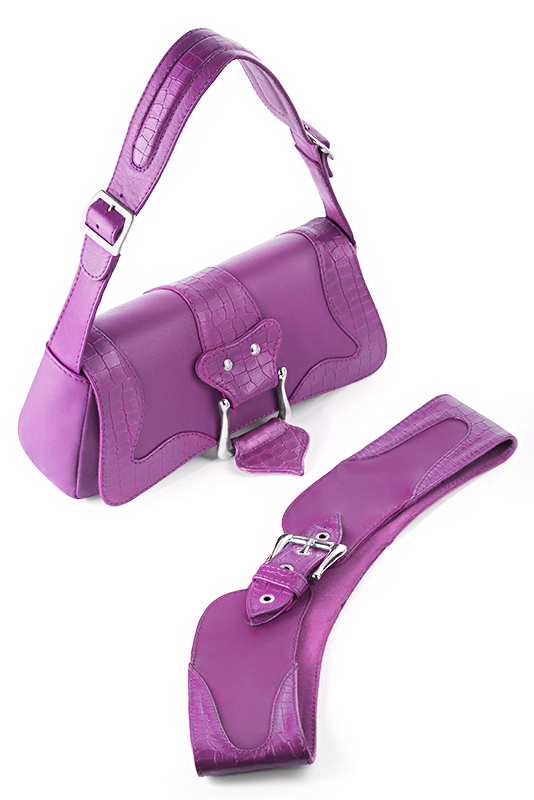 Mauve purple women's dress belt, matching pumps and bags. Made to measure. Worn view - Florence KOOIJMAN